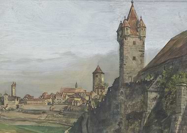Medieval Townscape Painting with Stone Tower