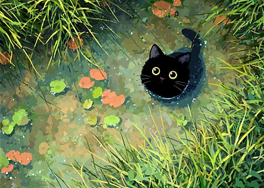 Black Cat in Pond Illustration