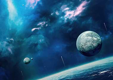 Blue Space Scene with Planets