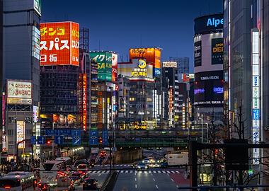 Tokyo cityscape at night with bright signs