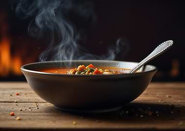 Steaming Vegetable Soup by Fireplace