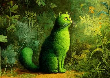 Green Cat in a Lush Garden