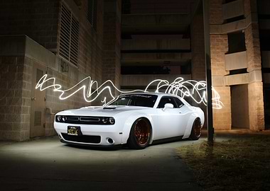 White Dodge Challenger with Light Trails