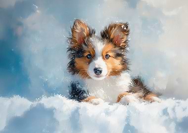 Cute Shetland Sheepdog puppy in snow digital art