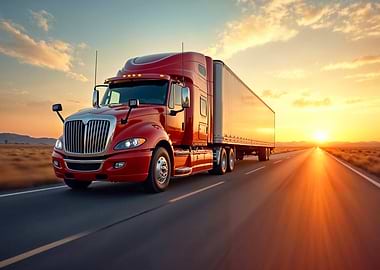 Red Semi-Truck on Highway at Sunset