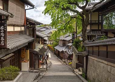 Traditional Japanese Street Scene with Stone Steps