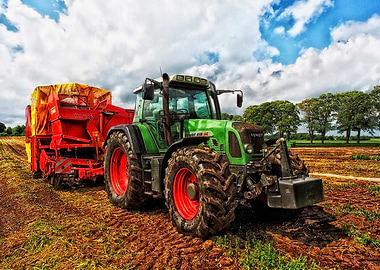 Green Tractor with Red Harvester
