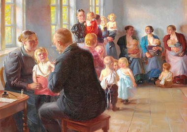 Doctor examining children in a room