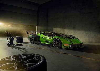Green Lamborghini Race Car in Garage