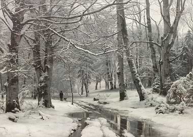 Winter Forest Scene with Figure and Dog