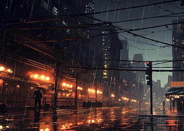 Rainy Cityscape with Figure and Umbrella