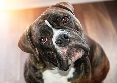 Brindle Olde English Bulldoggie Tilting Head Portrait