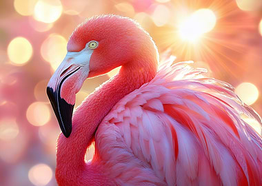 Pink Flamingo Portrait with Bokeh Background