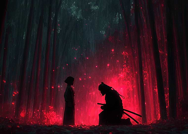 Samurai and Woman in Red Forest