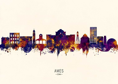 Ames Iowa Skyline Watercolor Silhouette