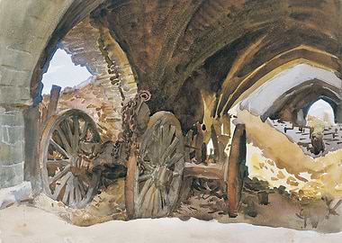 Watercolor Painting of Old Cart in Ruins