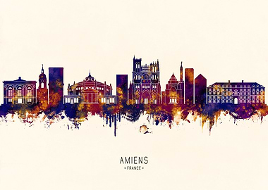 Amiens France Skyline Watercolor Silhouette