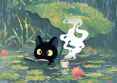 Black Cat Reading in the Rain