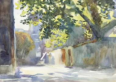 Watercolor painting of a sunlit street