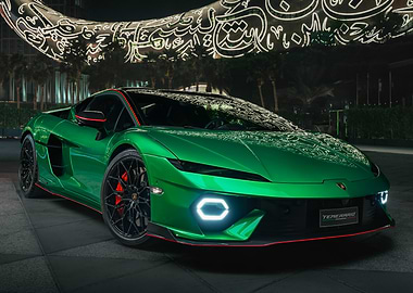 Green Lamborghini Temerario in front of building