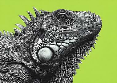 Detailed Iguana Portrait on Green Background