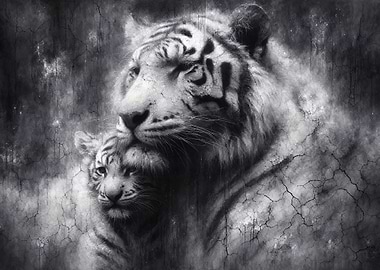 Tiger and Cub Black and White