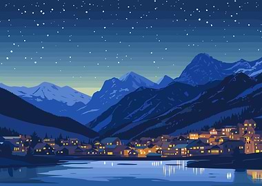 Night Mountain Village Landscape Illustration