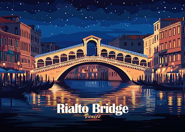 Rialto Bridge Venice Night Illustration