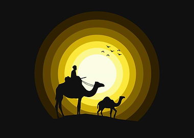 Camel Caravan Silhouette with Golden Sun