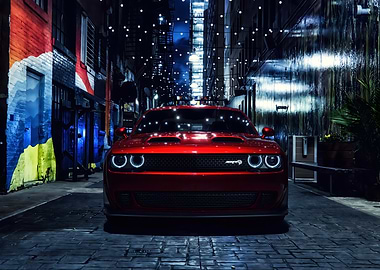 Red Dodge Challenger in Urban Alleyway