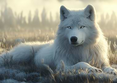White Wolf Resting in Field