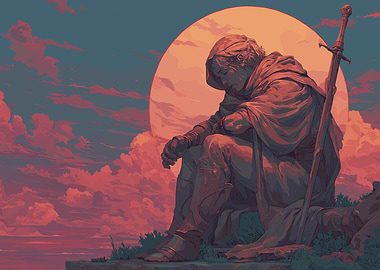 Pensive Warrior with Sword at Sunset