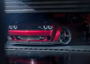 Red Dodge Challenger in Garage