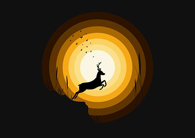 Silhouette Deer Leaping in Circular Landscape