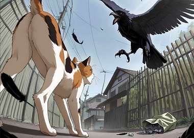 Cat versus Crow Battle