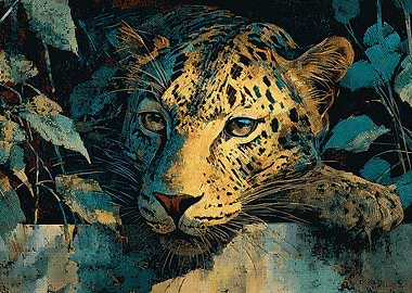 Leopard Portrait in Teal and Gold