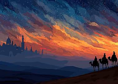 Camel Riders at Sunset Cityscape