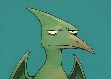 Grumpy Green Pterodactyl Cartoon Illustration