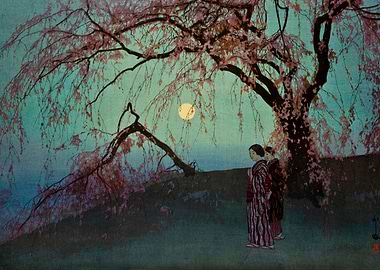 Japanese Woodblock Print: Cherry Blossoms, Women