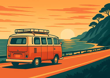 Retro Van Road Trip at Sunset