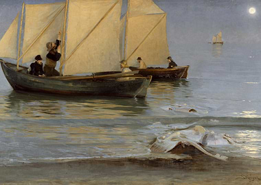 Moonlight Marine Scene with Boats