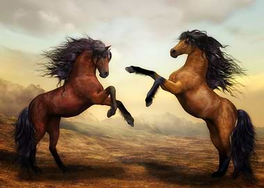 two rearing horses in a landscape