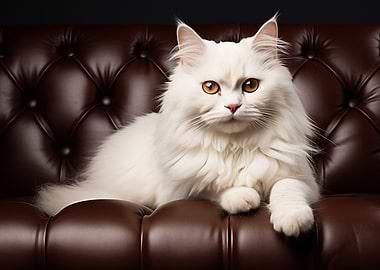 Elegant White Cat on Leather Couch