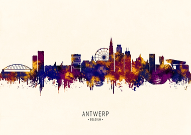 Antwerp Belgium Skyline Watercolor Art