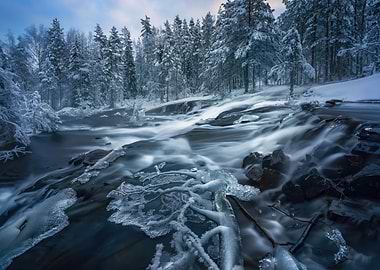 Winter River Landscape with Snow and Ice