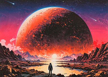 Astronaut on Alien Planet with Red Moon