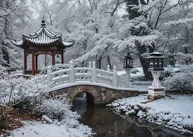 Snowy Asian Garden with Bridge and Pagoda