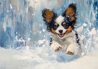 Happy Dog Running in Snow Painting | Papillon in Snow