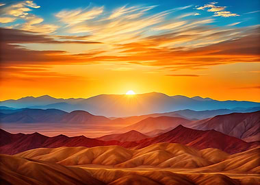 Sunset over Mountain Ranges Landscape