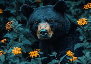 Black Bear Portrait in Floral Setting